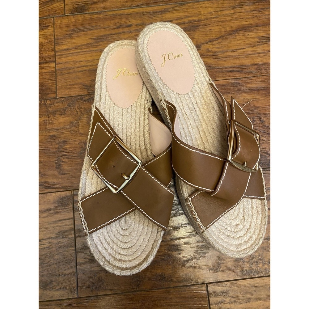J Crew Women's Cross Strap Espadrille Leather Slides Sandals Brown Size 10.5